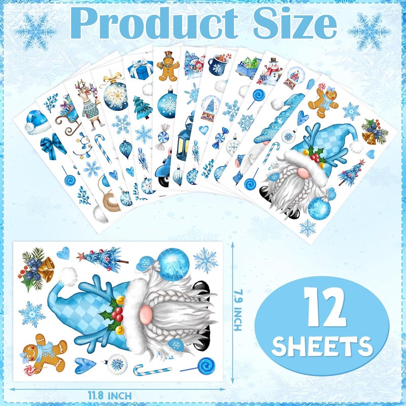 BORAMDO Christmas Gnome Snowflake Window Clings 12 Sheets, Blue Decals Stickers, Removable Holiday Decorations for Glass Windows, Xmas Home Office Decor, 12 Style - Image 2